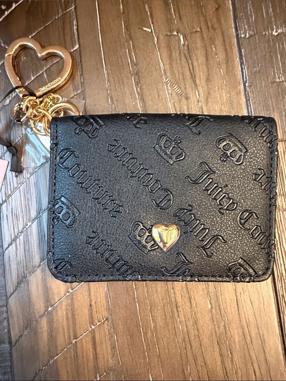 Juicy Couture Black Embossed Card Holder with Gold Heart Charm